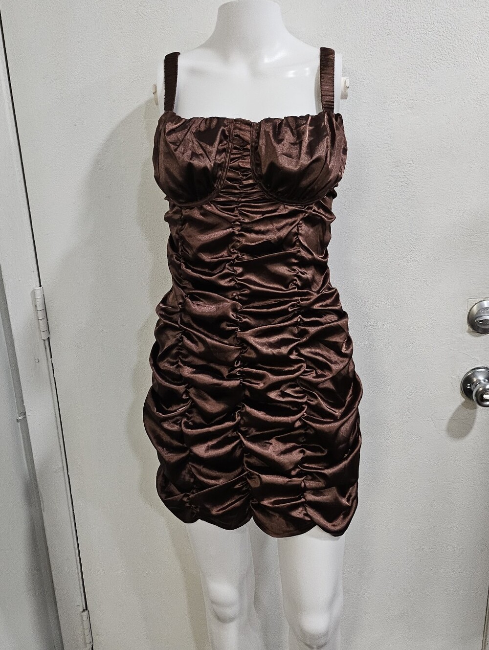 PrettyLittleThing Chocolate Brown Satin Ruched Bustier Mini Dress US 6